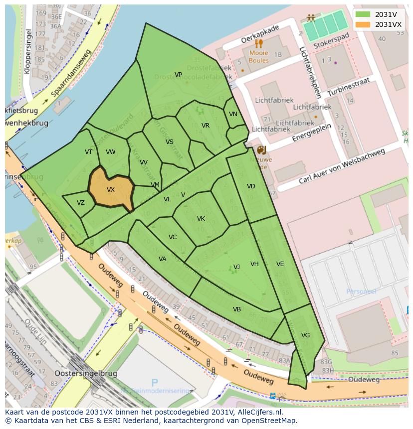 Afbeelding van het postcodegebied 2031 VX op de kaart.