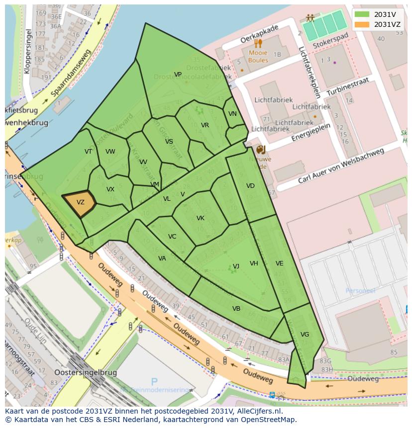 Afbeelding van het postcodegebied 2031 VZ op de kaart.