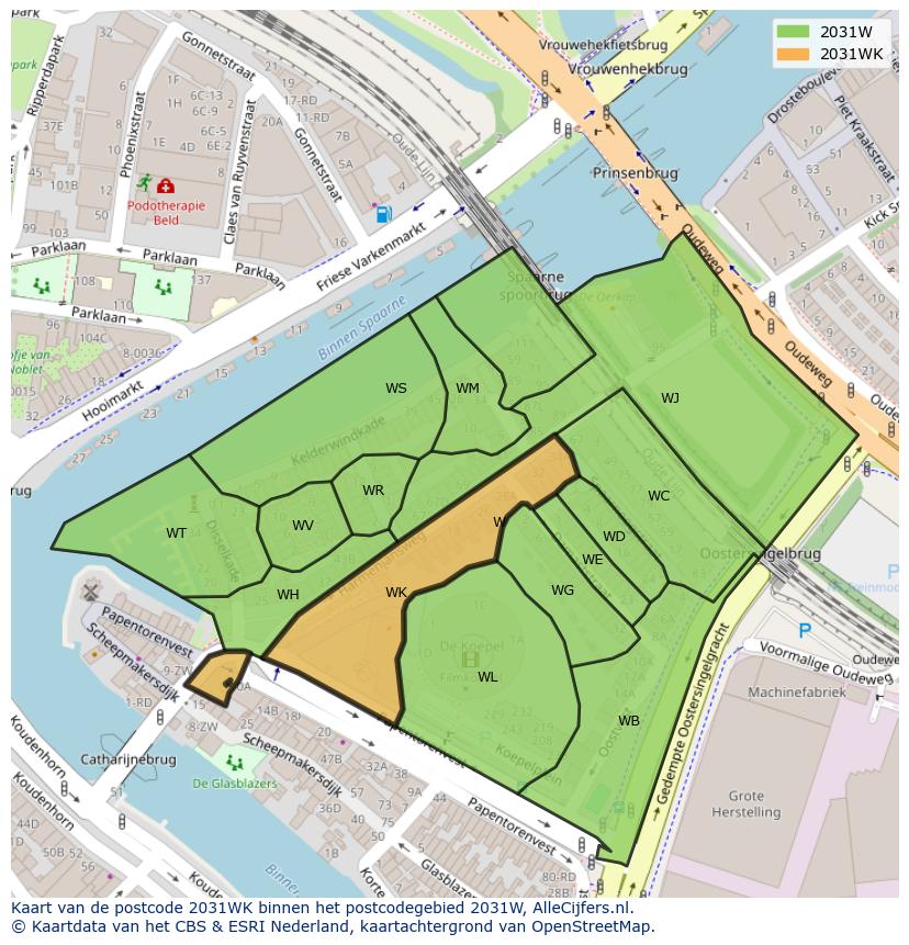 Afbeelding van het postcodegebied 2031 WK op de kaart.