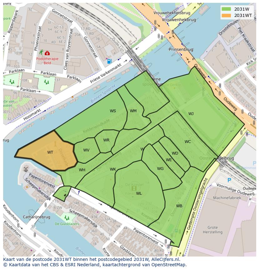 Afbeelding van het postcodegebied 2031 WT op de kaart.