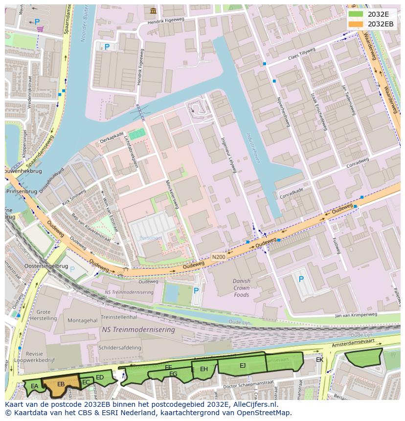 Afbeelding van het postcodegebied 2032 EB op de kaart.
