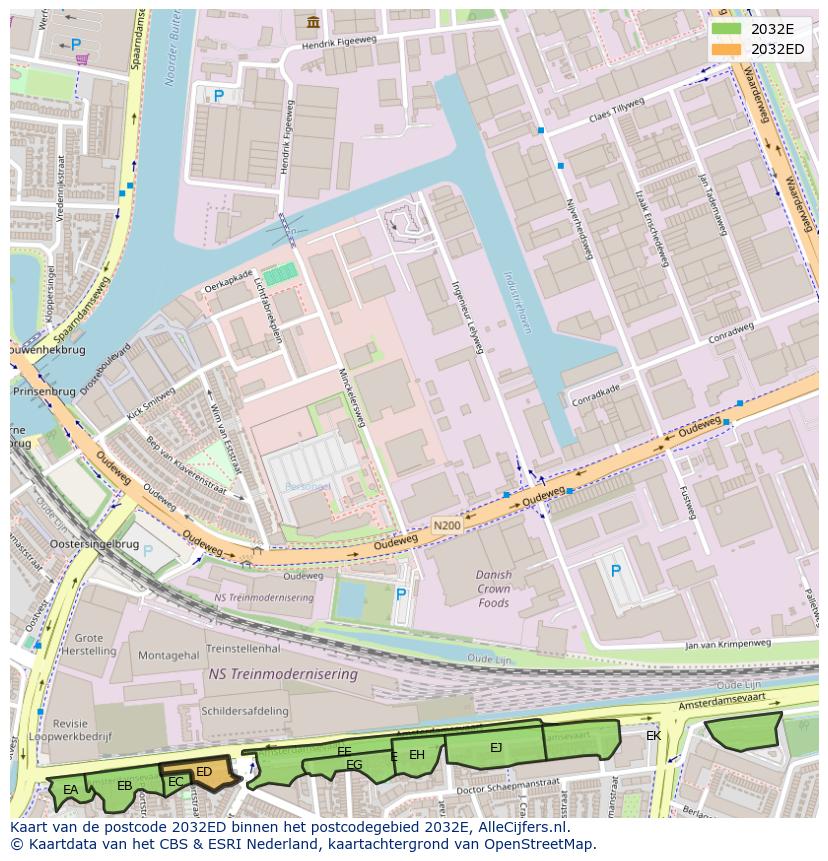 Afbeelding van het postcodegebied 2032 ED op de kaart.
