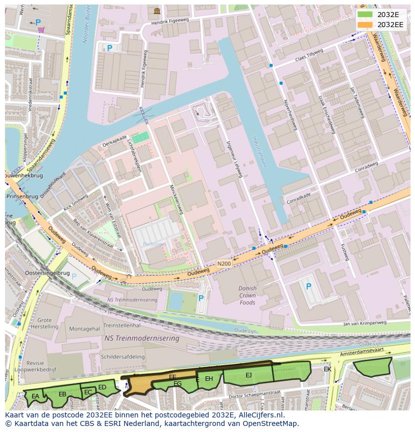 Afbeelding van het postcodegebied 2032 EE op de kaart.