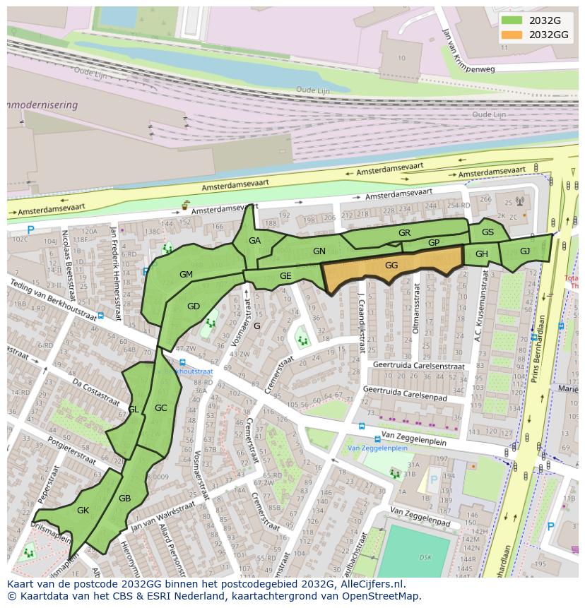 Afbeelding van het postcodegebied 2032 GG op de kaart.