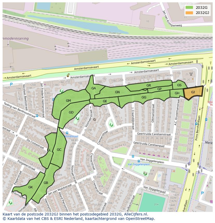 Afbeelding van het postcodegebied 2032 GJ op de kaart.