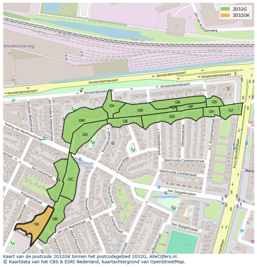 Afbeelding van het postcodegebied 2032 GK op de kaart.