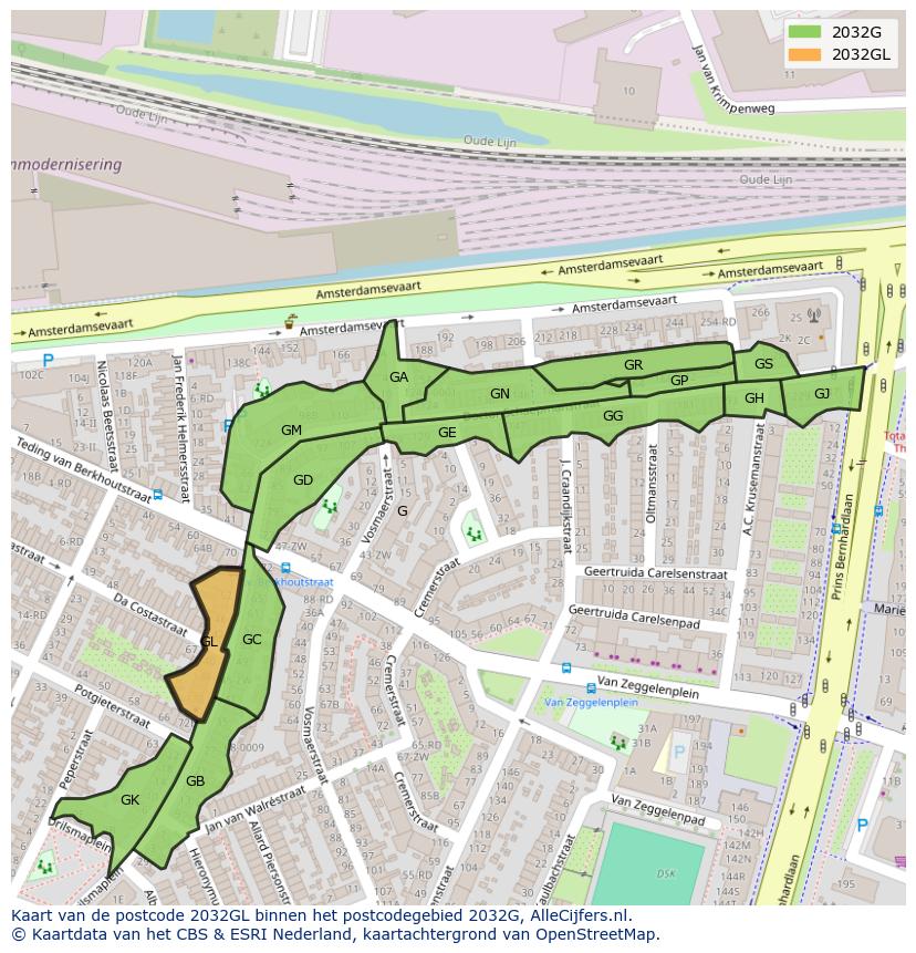 Afbeelding van het postcodegebied 2032 GL op de kaart.