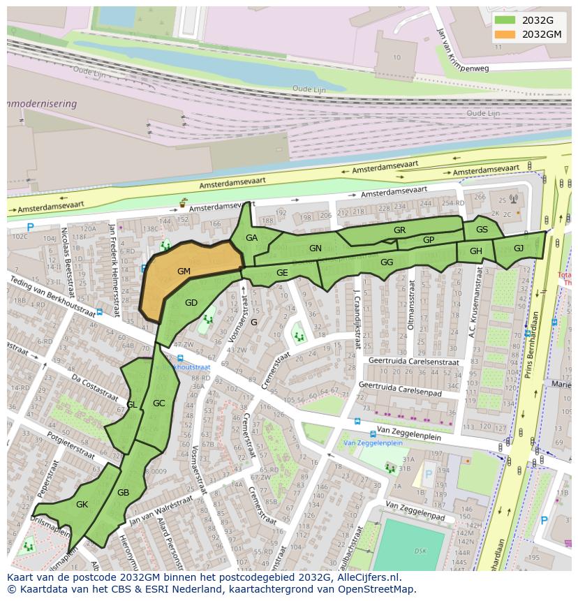Afbeelding van het postcodegebied 2032 GM op de kaart.