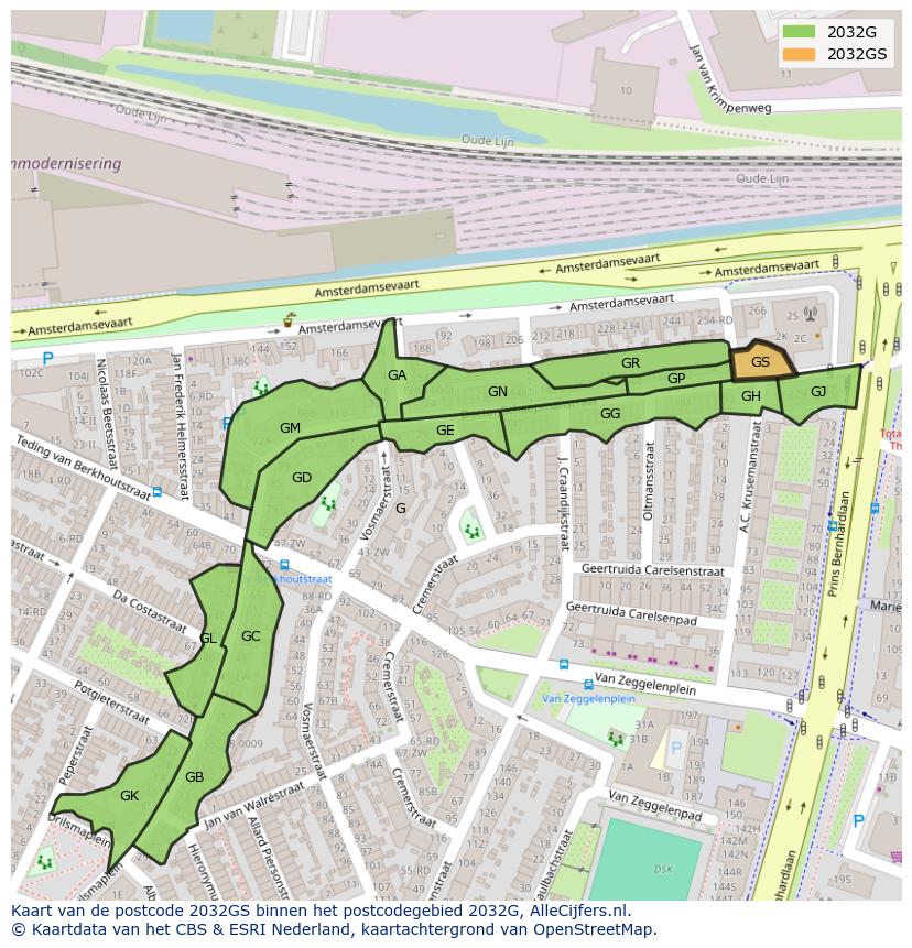 Afbeelding van het postcodegebied 2032 GS op de kaart.