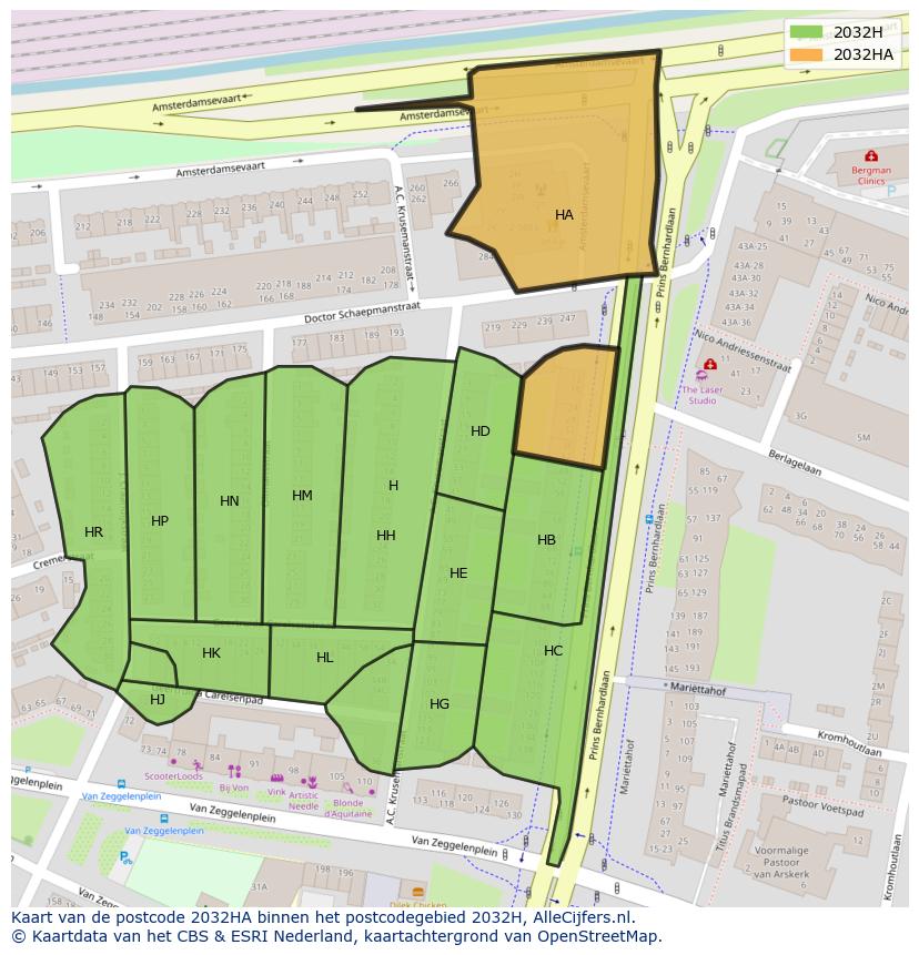 Afbeelding van het postcodegebied 2032 HA op de kaart.
