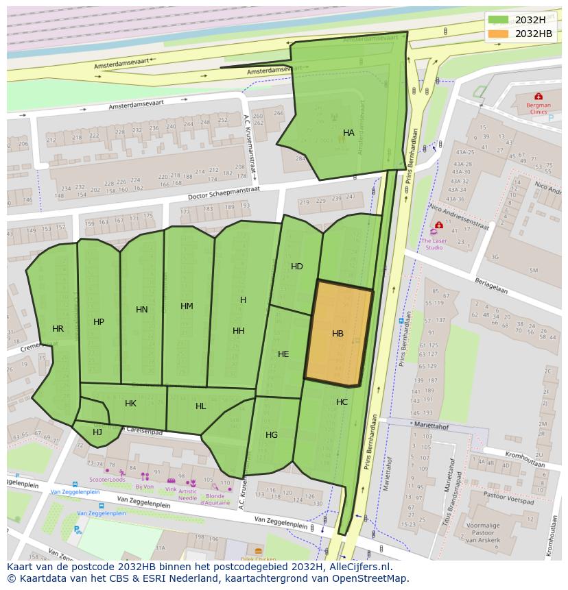 Afbeelding van het postcodegebied 2032 HB op de kaart.