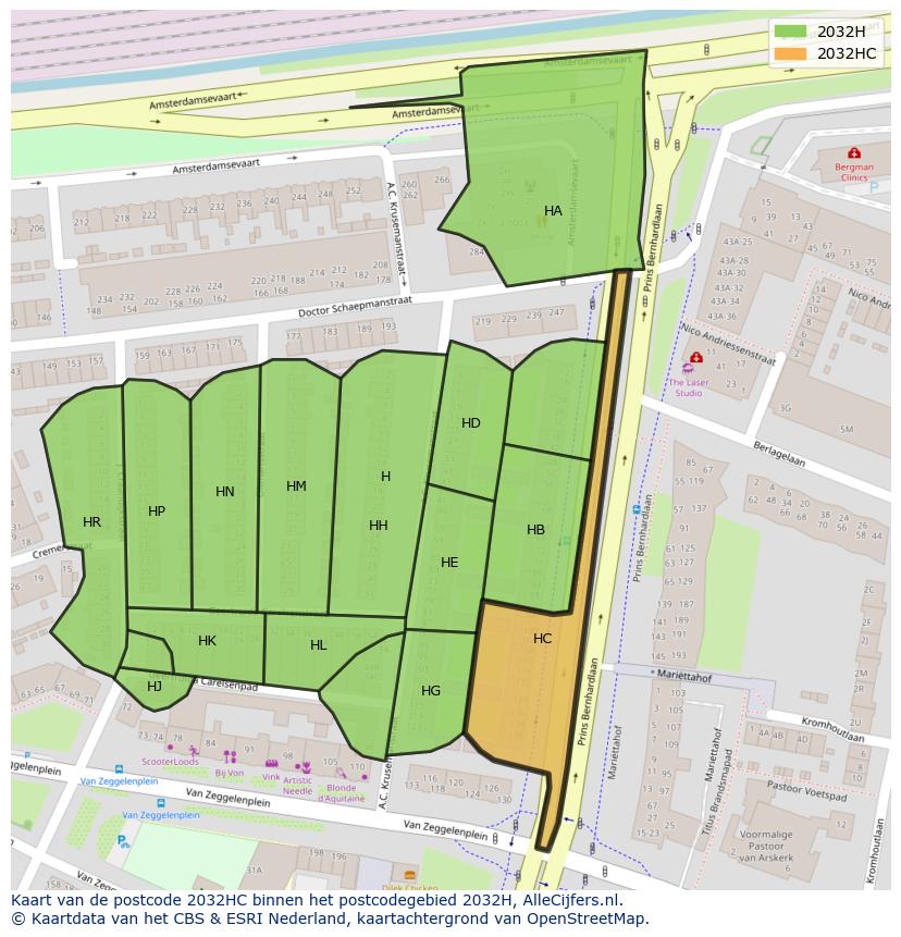Afbeelding van het postcodegebied 2032 HC op de kaart.