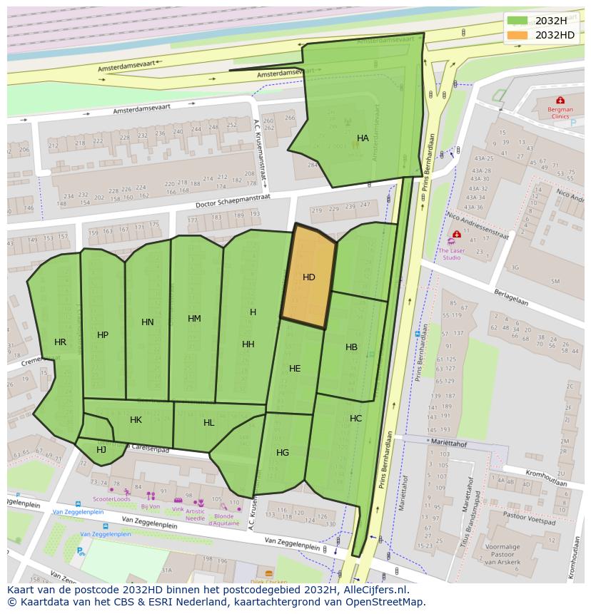 Afbeelding van het postcodegebied 2032 HD op de kaart.