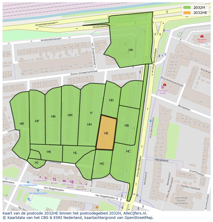 Afbeelding van het postcodegebied 2032 HE op de kaart.