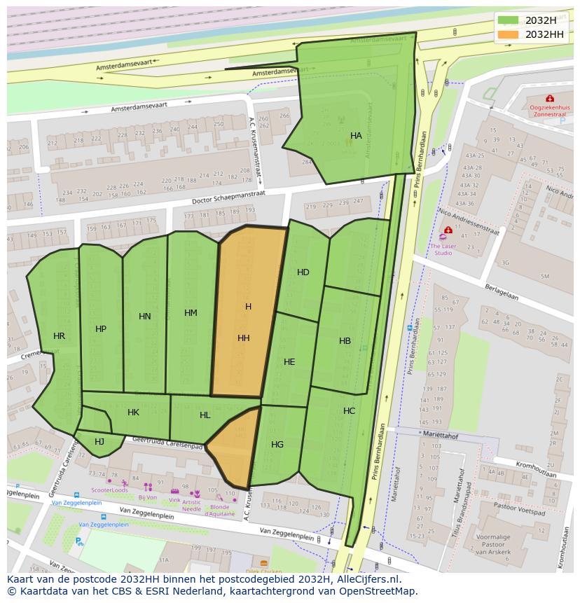 Afbeelding van het postcodegebied 2032 HH op de kaart.