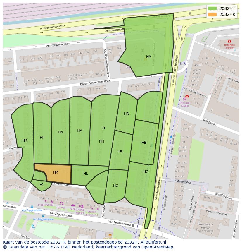 Afbeelding van het postcodegebied 2032 HK op de kaart.
