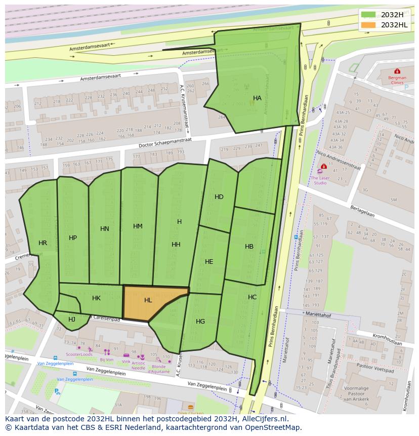 Afbeelding van het postcodegebied 2032 HL op de kaart.
