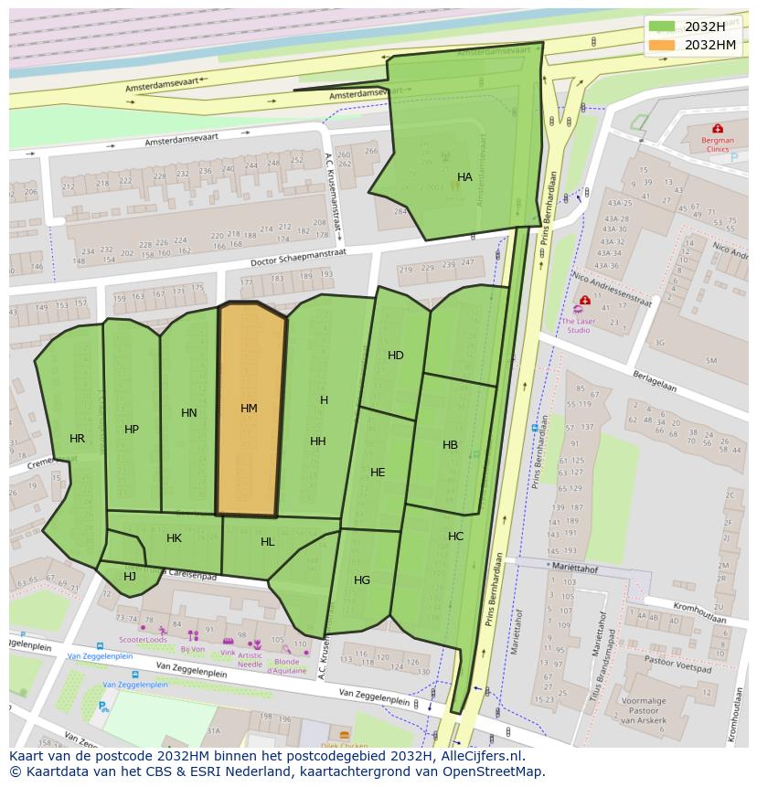 Afbeelding van het postcodegebied 2032 HM op de kaart.