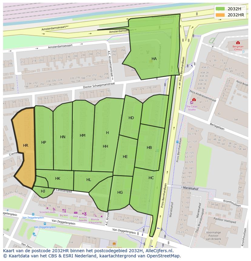 Afbeelding van het postcodegebied 2032 HR op de kaart.