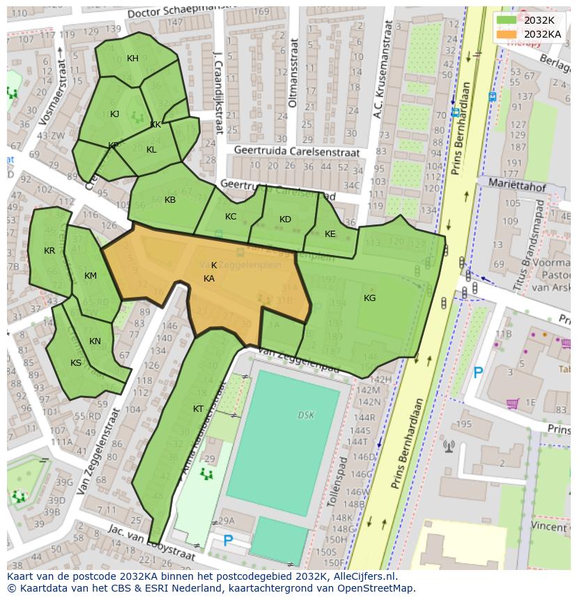 Afbeelding van het postcodegebied 2032 KA op de kaart.