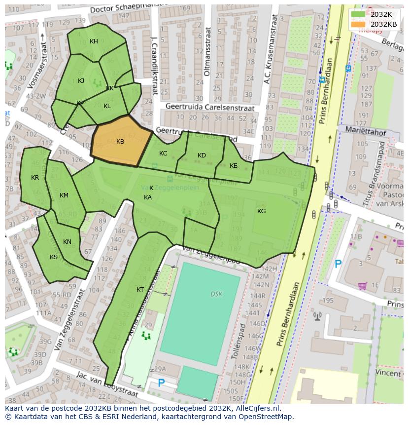 Afbeelding van het postcodegebied 2032 KB op de kaart.