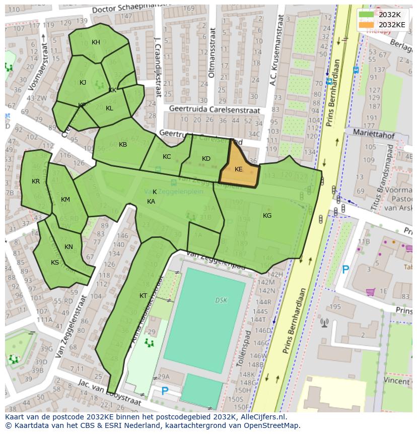 Afbeelding van het postcodegebied 2032 KE op de kaart.