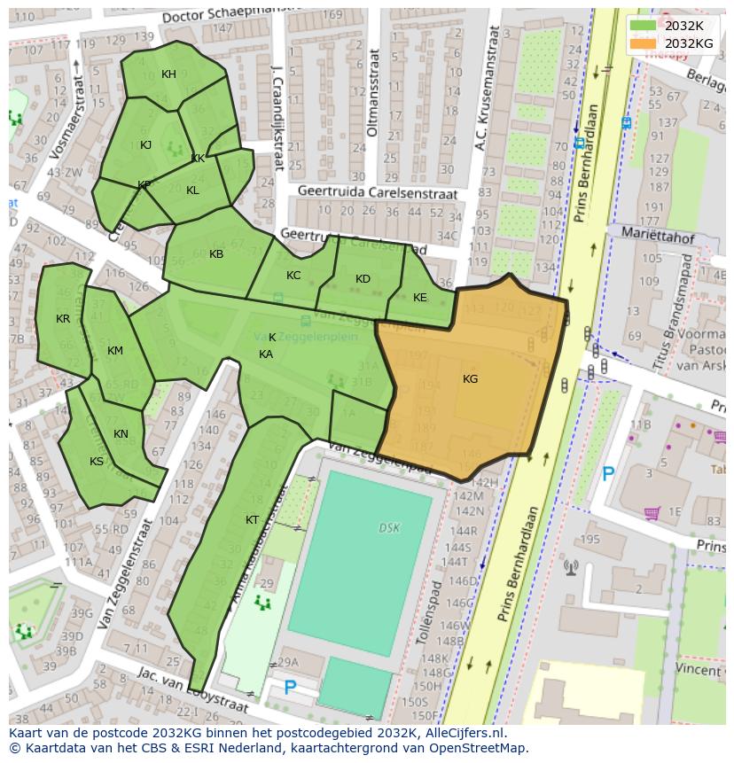 Afbeelding van het postcodegebied 2032 KG op de kaart.