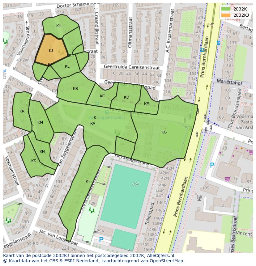 Afbeelding van het postcodegebied 2032 KJ op de kaart.
