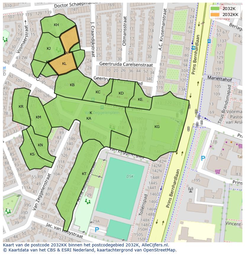 Afbeelding van het postcodegebied 2032 KK op de kaart.