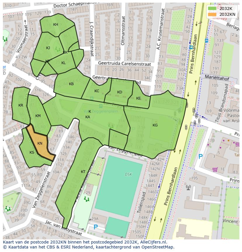 Afbeelding van het postcodegebied 2032 KN op de kaart.