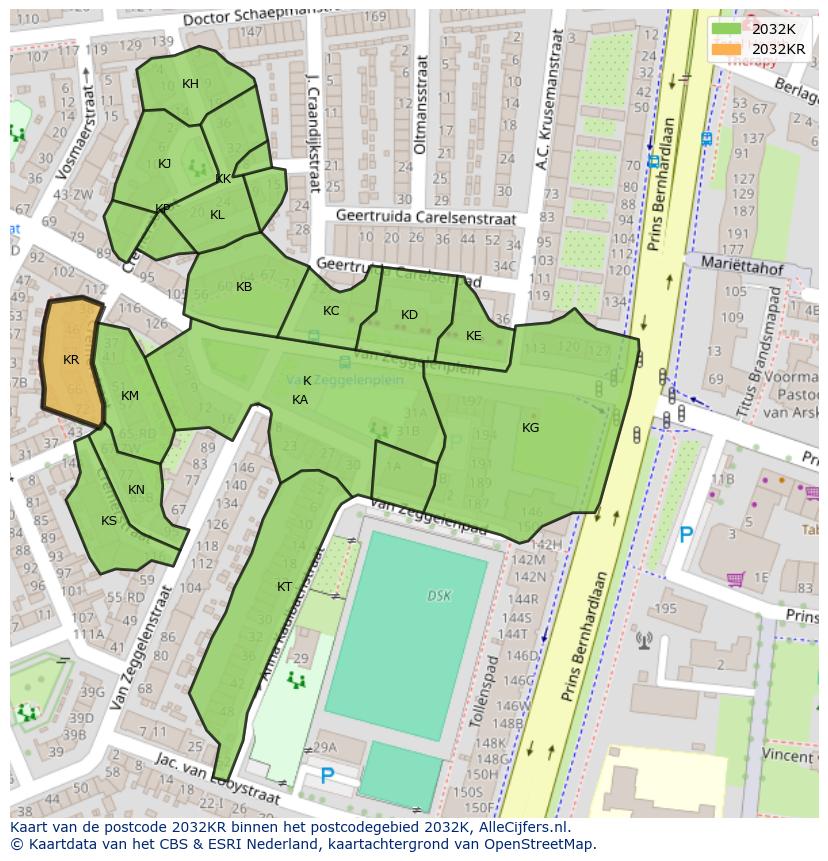 Afbeelding van het postcodegebied 2032 KR op de kaart.