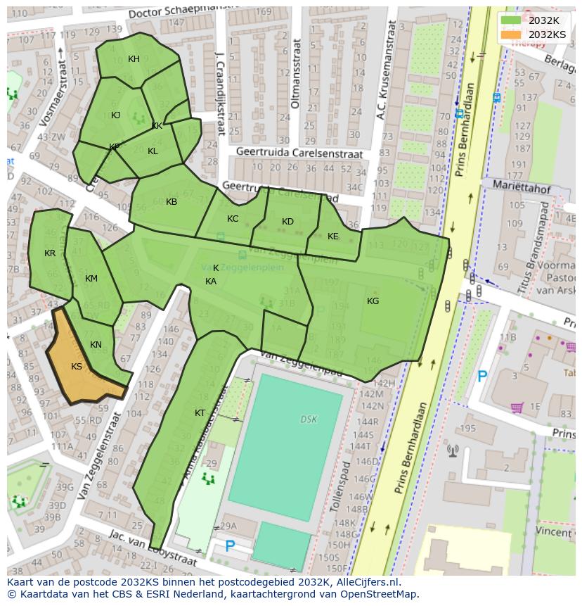 Afbeelding van het postcodegebied 2032 KS op de kaart.