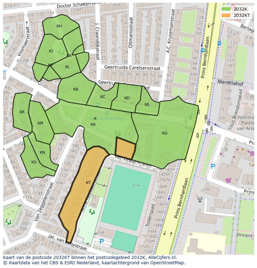 Afbeelding van het postcodegebied 2032 KT op de kaart.