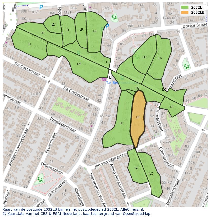 Afbeelding van het postcodegebied 2032 LB op de kaart.