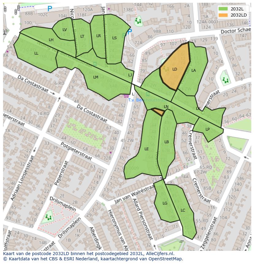 Afbeelding van het postcodegebied 2032 LD op de kaart.