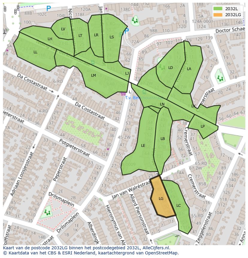 Afbeelding van het postcodegebied 2032 LG op de kaart.