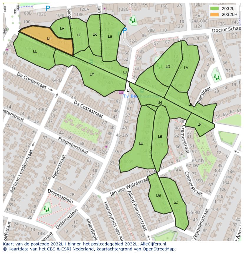 Afbeelding van het postcodegebied 2032 LH op de kaart.