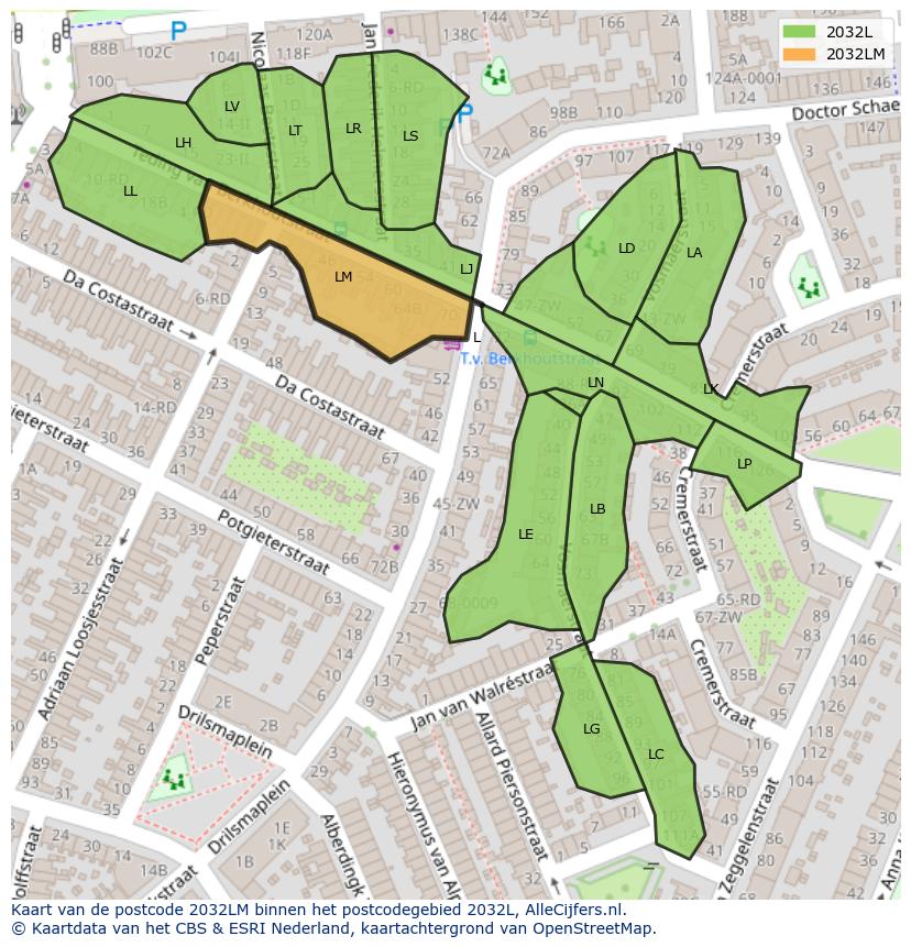 Afbeelding van het postcodegebied 2032 LM op de kaart.
