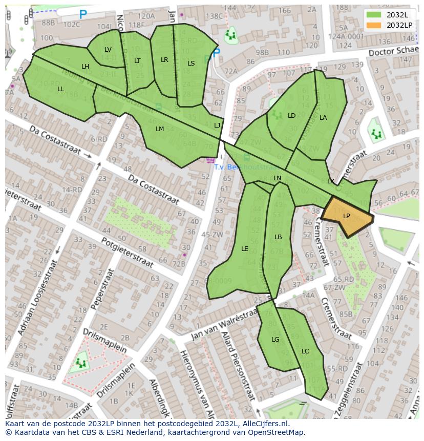 Afbeelding van het postcodegebied 2032 LP op de kaart.