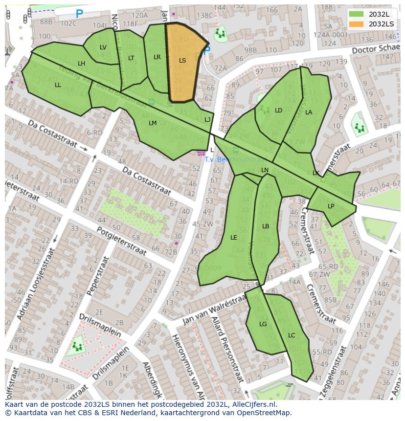 Afbeelding van het postcodegebied 2032 LS op de kaart.