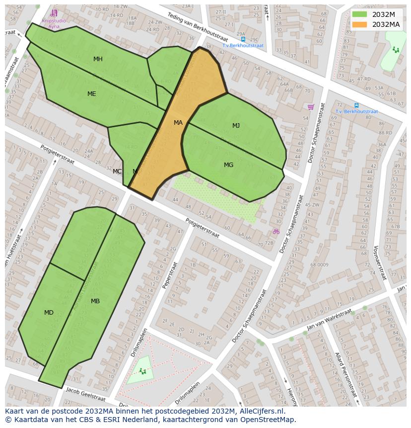 Afbeelding van het postcodegebied 2032 MA op de kaart.