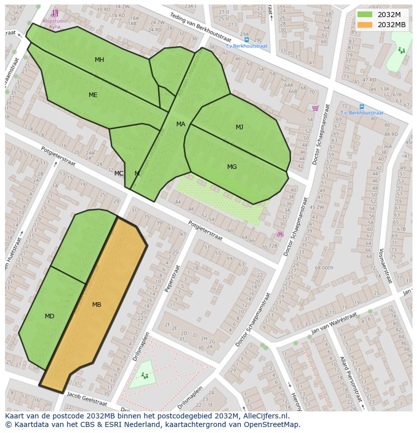 Afbeelding van het postcodegebied 2032 MB op de kaart.