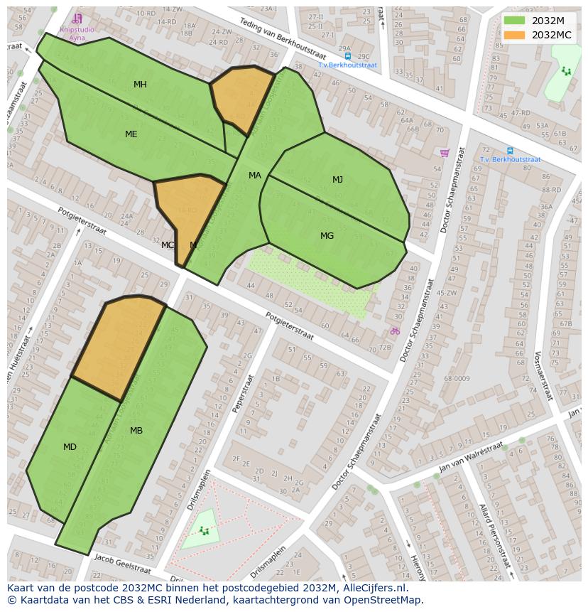 Afbeelding van het postcodegebied 2032 MC op de kaart.