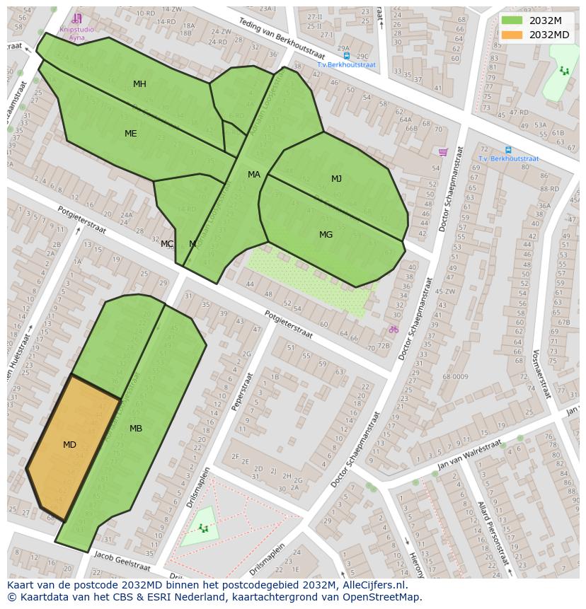 Afbeelding van het postcodegebied 2032 MD op de kaart.