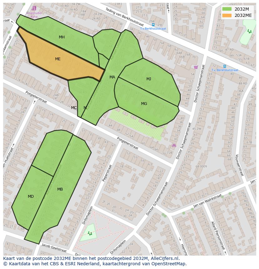 Afbeelding van het postcodegebied 2032 ME op de kaart.