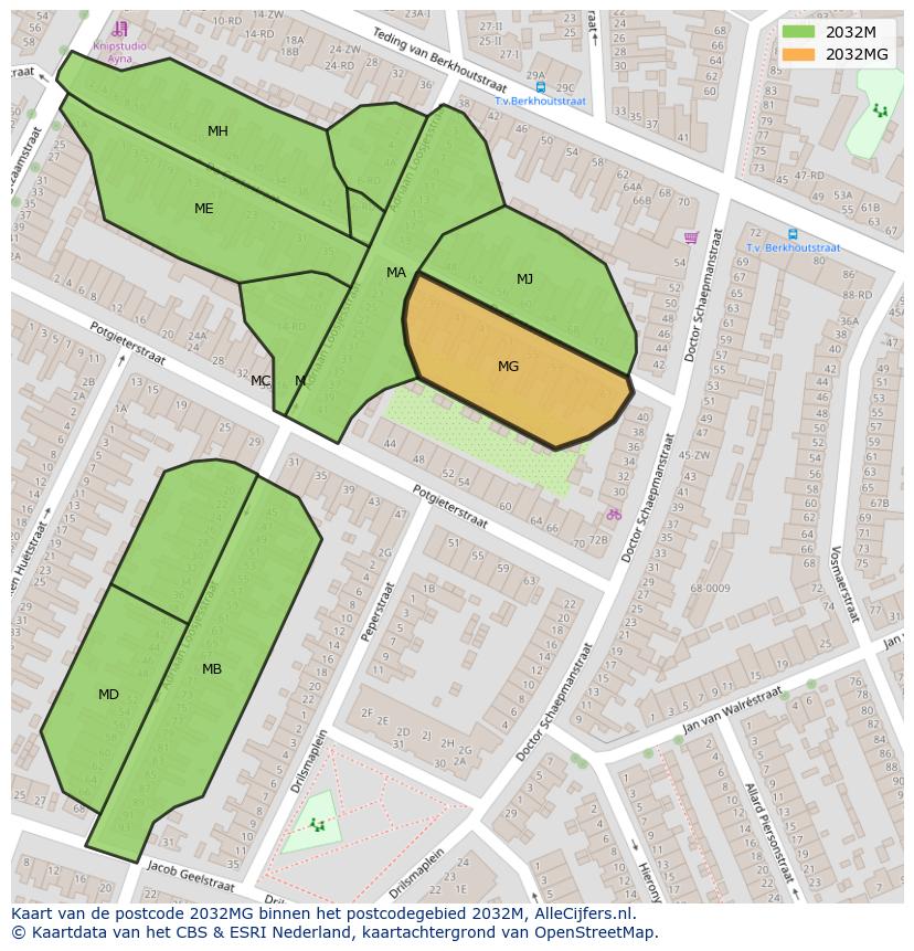 Afbeelding van het postcodegebied 2032 MG op de kaart.