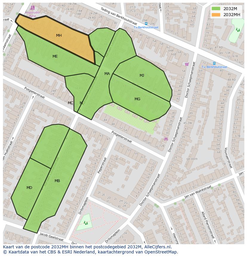 Afbeelding van het postcodegebied 2032 MH op de kaart.