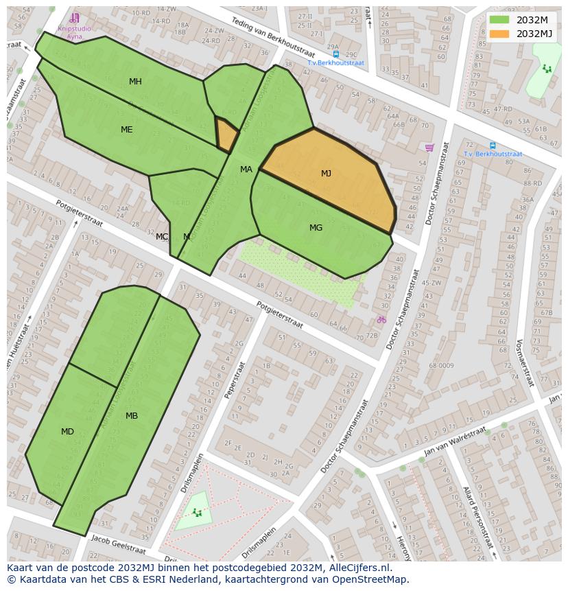 Afbeelding van het postcodegebied 2032 MJ op de kaart.