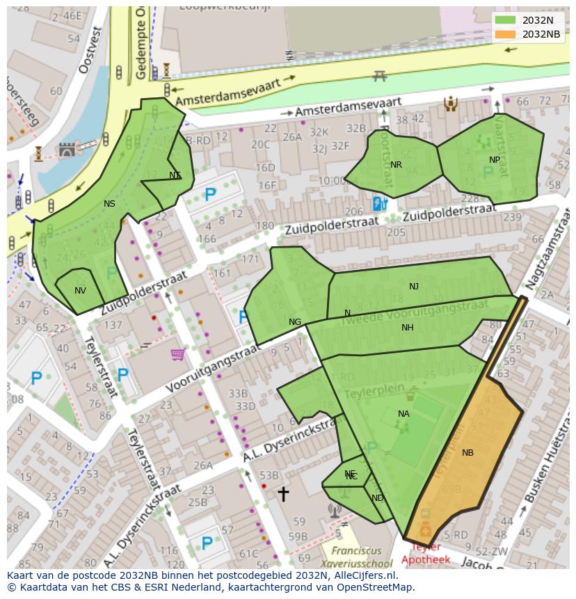 Afbeelding van het postcodegebied 2032 NB op de kaart.