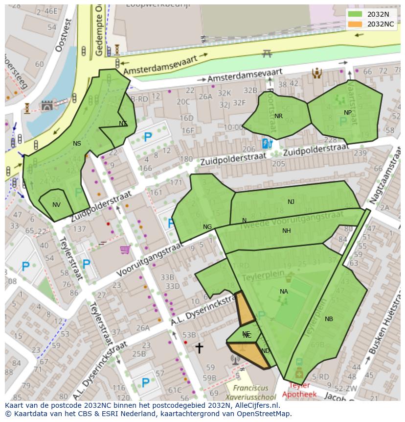 Afbeelding van het postcodegebied 2032 NC op de kaart.